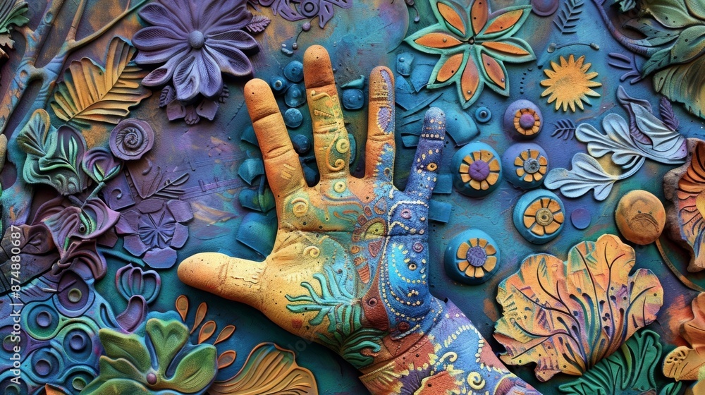 Poster a handprint becomes the focal point of a mural surrounded by intricate patterns and shapes that seem