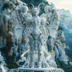 Fototapeta premium 3D Of A Mythical Creature With Wings And Horns, Standing Majestically On A Cliff