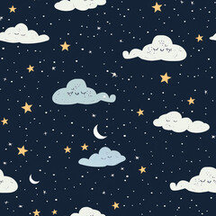 Seamless Pattern with Cute Clouds and Stars