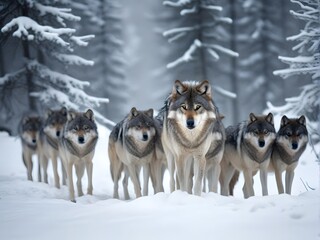 A wolf with his pack in snowy mountains