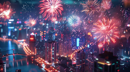 Fireworks illuminate the modern metropolis, reflecting in the water surface. The bright lights of skyscrapers and busy streets create an exciting atmosphere of celebration in the big city.