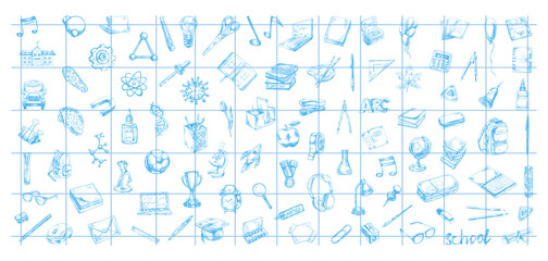 Back to School, hand drawn school supplies - big sketch set. Doodle lettering and school object collection. Education Concept. Vintage sketch elements on checkered notebook sheet background..