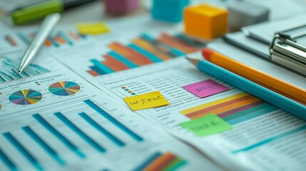 Colorful charts, graphs, and pens on an office desk, showcasing business analytics and market research concepts.