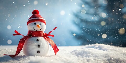Fototapeta premium Snowman with a red ribbon standing in a snowy setting, snow, winter, cute, holiday, Christmas, decoration, cold, scarf