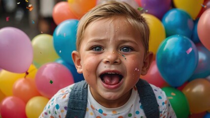 Obraz premium A joyful child with a wide smile surrounded by colorful balloons, capturing the essence of celebration and happiness. 