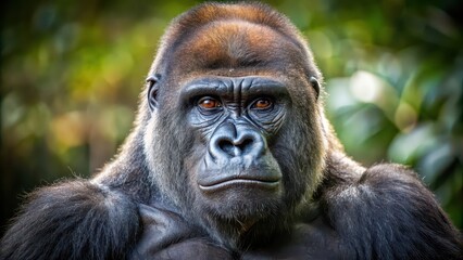 Obraz premium Majestic gorilla looking directly at the camera, gorilla, wildlife, mammal, primate, staring, intense, eyes, powerful, strong