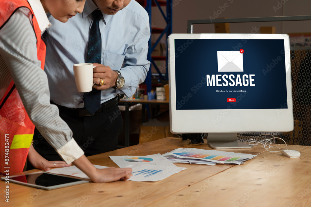 Poster email notification message showing on computer screen snugly. digital marketing message information 