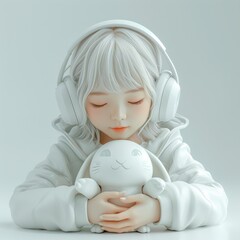 Fototapeta premium 3D Rendering Of A Charming Girl Embracing A Bunny , Clay Material, White Background, Popmart Style