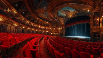 Opulent theater with red seats and intricate decor, spotlight on stage, evoking themes of art, culture, and entertainment in a grand setting.