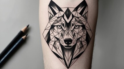 A detailed geometric wolf tattoo on a forearm, showcasing modern tattoo art and intricate design with black ink.
