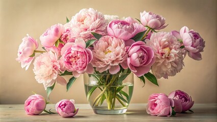 Obraz premium Delicate pink peonies overflowing from a clear glass vase adorned with subtle ornate details on a soft cream-colored background.