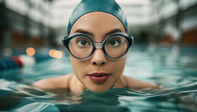 A close-up image of a female swimmer in a teal swim cap and goggles, emerging from the pool, capturing her determined expression and the modern aquatic environment.