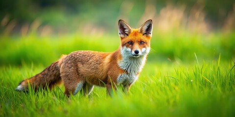 Fototapeta premium Red fox hunting in a lush field, predator, wildlife, nature, outdoor, mammal, hunting, wilderness, bushy tail, furry