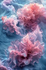 Fototapeta premium Ethereal pink ruffled forms float amidst fluid blue waves, blending delicate textures and colors, capturing a surreal underwater dreamscape with elegant motion.