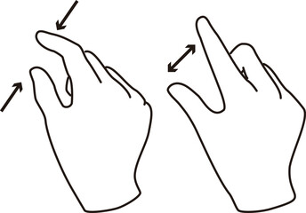 親指と人差し指でピンチイン、ピンチアウトの動作をする手のモノクロイラスト