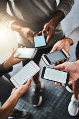 Phone, screen and hands of friends in group for networking on social media, mobile app or internet. Technology, mockup or above people circle with cellphone for connectivity, contact or notification.