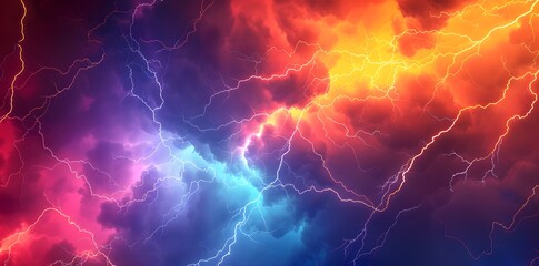 Abstract background with colorful lightning and thunder, vibrant storm in red blue yellow orange colors