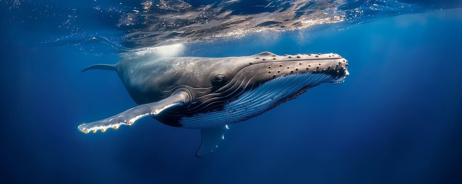 A stunning underwater shot capturing a humpback whale swimming with grace, demonstrating the grandeur and elegance of one of the ocean's most majestic creatures.