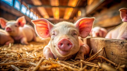 Adorable little piglet snoozes peacefully in cozy farm stall surrounded by fellow swine, waiting for meal time, eyes closed in blur.