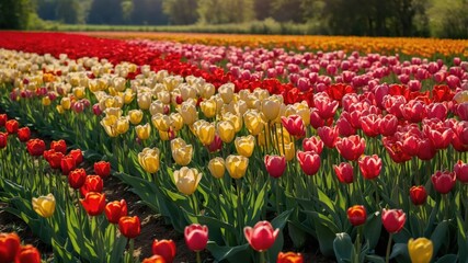 A stunning field filled with rows of multicolored tulips in full bloom, creating a vibrant and picturesque scene of natural beauty.
