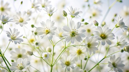 Delicate blooms of pure white flowers, gently swaying, set against a pristine isolated white background, exuding serenity and innocence.