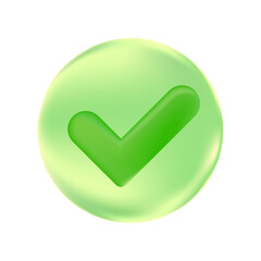 Vector 3d check mark button, realistic success icon. Trendy glass texture checkmark, select ecological icon. Green yes button isolated illustration for web, design, app