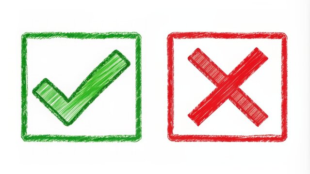 High-definition transparent background illustration featuring hand-drawn green tick and red cross symbols for voting, election, and approval purposes.