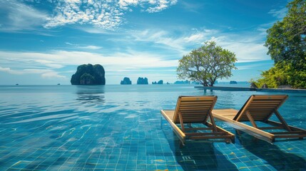 Obraz premium A Wide-Angle View Of A Beach Chair By A Scenic Swimming Pool, With The Sea And Nature In Krabi In The Background
