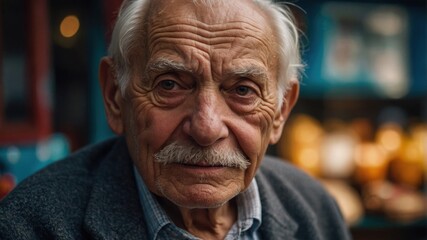 An elderly man with a thoughtful expression stands outdoors, wearing a grey coat and a plaid shirt, with a warm, blurred background.
