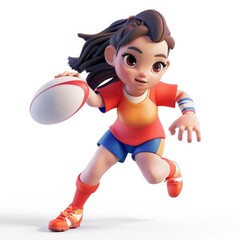 A 3D Illustration Of A Toon Girl With A Rugby Ball, Ready To Play, Energetic And Confident Pose