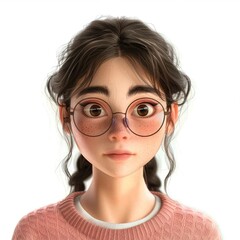 Obraz premium A 3D Illustration Of A Young Girl With Glasses, Isolated On A White Background, Confident And Studious Pose
