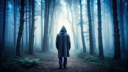 Mysterious hooded figure standing in misty forest silhouette, mysterious, hooded, figure, misty, forest, silhouette, dark