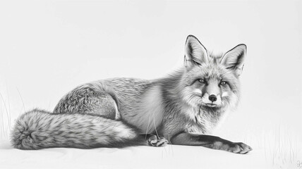 A black-and-white sketch of a fox on a pure white canvas, the fox in the same pose as the sketch