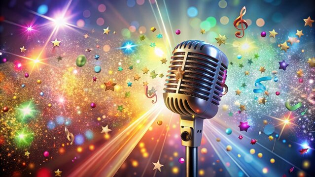 Colorful musical notes surround a sparkly microphone against a bright pastel background with cartoonish stars and confetti.