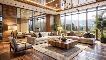Fototapeta premium Spacious modern living room features wooden accents, beige sofas, and sleek coffee table surrounded by floor-to-ceiling windows.