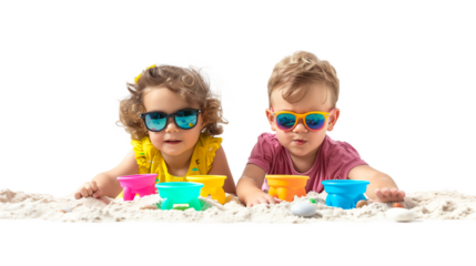 Boy and girl playing sand on transparent background.