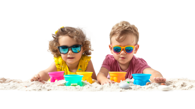 Boy and girl playing sand on transparent background.