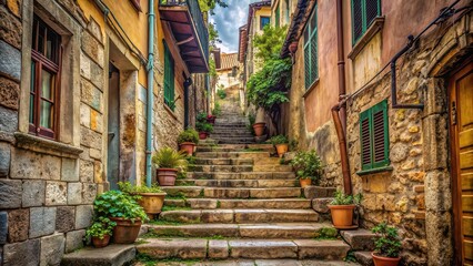 Fototapeta premium Old, vintage street stairs between old houses, narrow, aged, historic, pedestrian, quaint, urban, weathered, alley