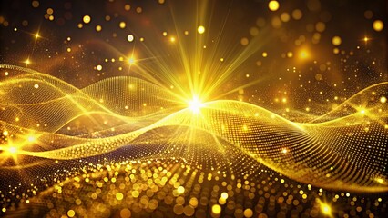 Obraz premium Vibrant yellow wave of digital particles undulates against an abstract background with twinkling dots and radiant shining starlight elements.