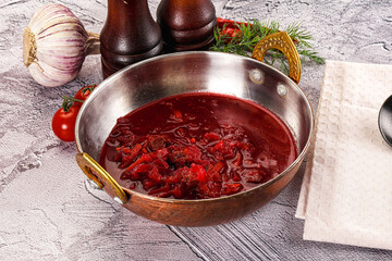Homemade red soup Borsch with cabbage