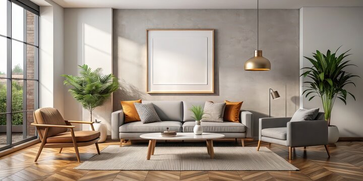 Modern interior living room with a mock up poster frame , contemporary, background, design, home, decoration, frame, artwork