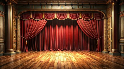 Old theater stage with red curtains and polished wooden floor, theater, stage, vintage, red curtains, spotlight