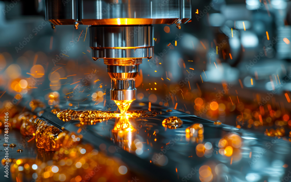 Poster cnc machine cutting metal with sparks. a close-up view of a cnc machine cutting metal.