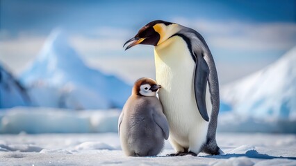 Obraz premium Mother penguin caring for her fluffy chick in the icy Antarctic landscape, penguin, chick, motherhood, love, care, Antarctica
