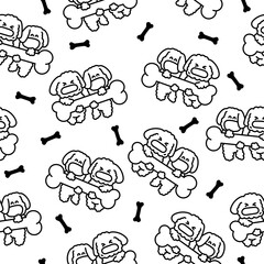 Cute couples dogs friendship. Seamless pattern. Coloring Page. Pets hugging, sitting together cartoon characters. Hand drawn style. Vector drawing. Design ornaments.