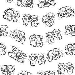 Cute couples dogs friendship. Seamless pattern. Coloring Page. Pets hugging, sitting together cartoon characters. Hand drawn style. Vector drawing. Design ornaments.