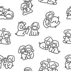 Cute couples dogs friendship. Seamless pattern. Coloring Page. Pets hugging, sitting together cartoon characters. Hand drawn style. Vector drawing. Design ornaments.