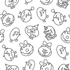 Funny donut cartoon character. Seamless pattern. Coloring Page. Adorable kawaii sweet food. Hand drawn style. Vector drawing. Design ornaments.