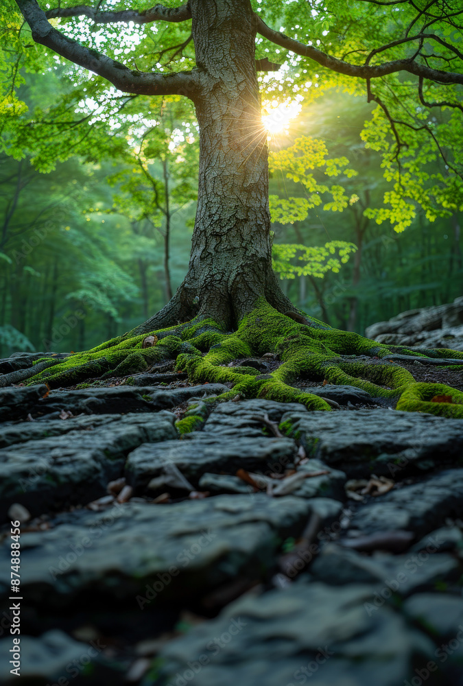 Poster tree roots in a forest. sunlight filtering through the leaves of a large tree in a forest, revealing