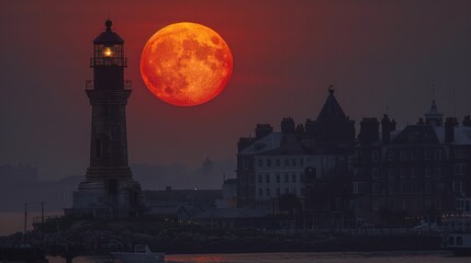 Obraz premium Stunning Full Moon Rising Over Coastal Lighthouse and Scenic Town in Twilight: Breathtaking Evening Maritime Photography